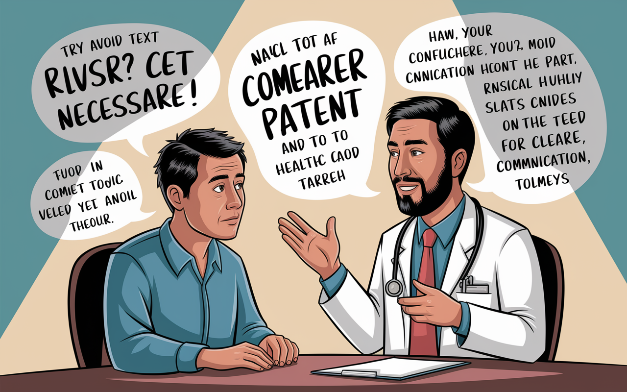 A whimsical illustration of a doctor enthusiastically explaining complicated medical terms to a bewildered patient. The contrast between the doctor's excitement and the patient's confusion creates a comedic yet enlightening atmosphere. Soft, warm lighting emphasizes the connection and highlights the need for clearer communication in healthcare.