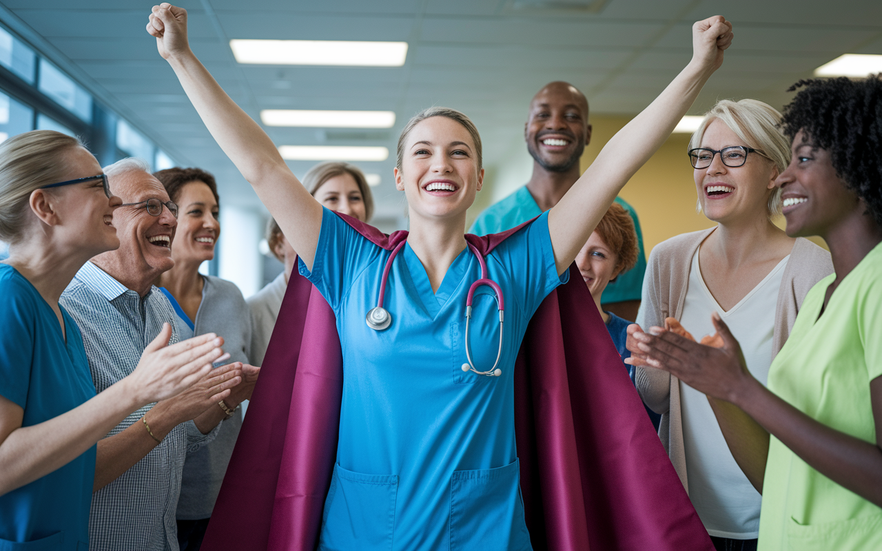 A celebratory image of a nurse posed heroically with a cape made of scrubs, surrounded by patients smiling and cheering. The scene radiates warmth and admiration, with bright colors and joyous expressions, capturing the spirit of respect and dedication within the medical community.