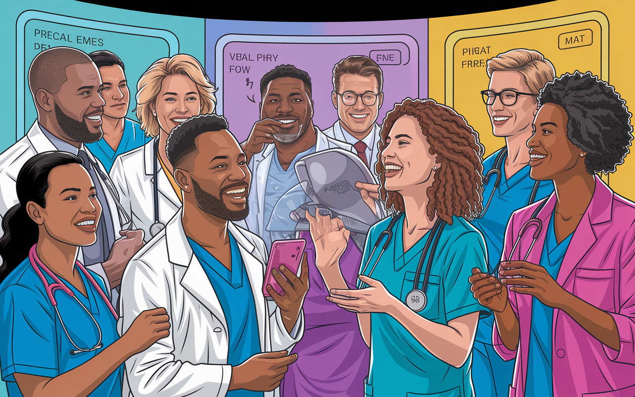 A dynamic scene showing a diverse group of healthcare professionals viewing medical memes on a large screen, laughing and engaging in discussions. The joyful atmosphere is filled with bright colors and camaraderie, illustrating how humor fosters connections and meaningful dialogue about healthcare.