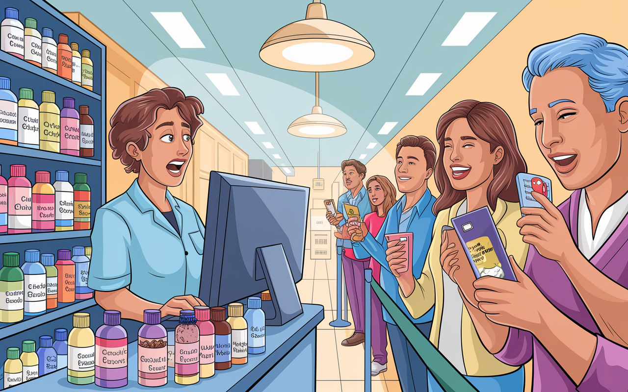 A comical pharmacy setting featuring a flustered pharmacy technician scrolling on a computer, surrounded by a colorful array of prescription bottles with playful labels such as 'Chocolate Cake' and 'Ice Cream Surprise.' Patients in line are laughing and holding their prescriptions while one enthusiastically shares their dessert prescription on social media, showcasing a jovial atmosphere. Bright overhead lights cast a cheerful glow and create a lively vibe in the store.