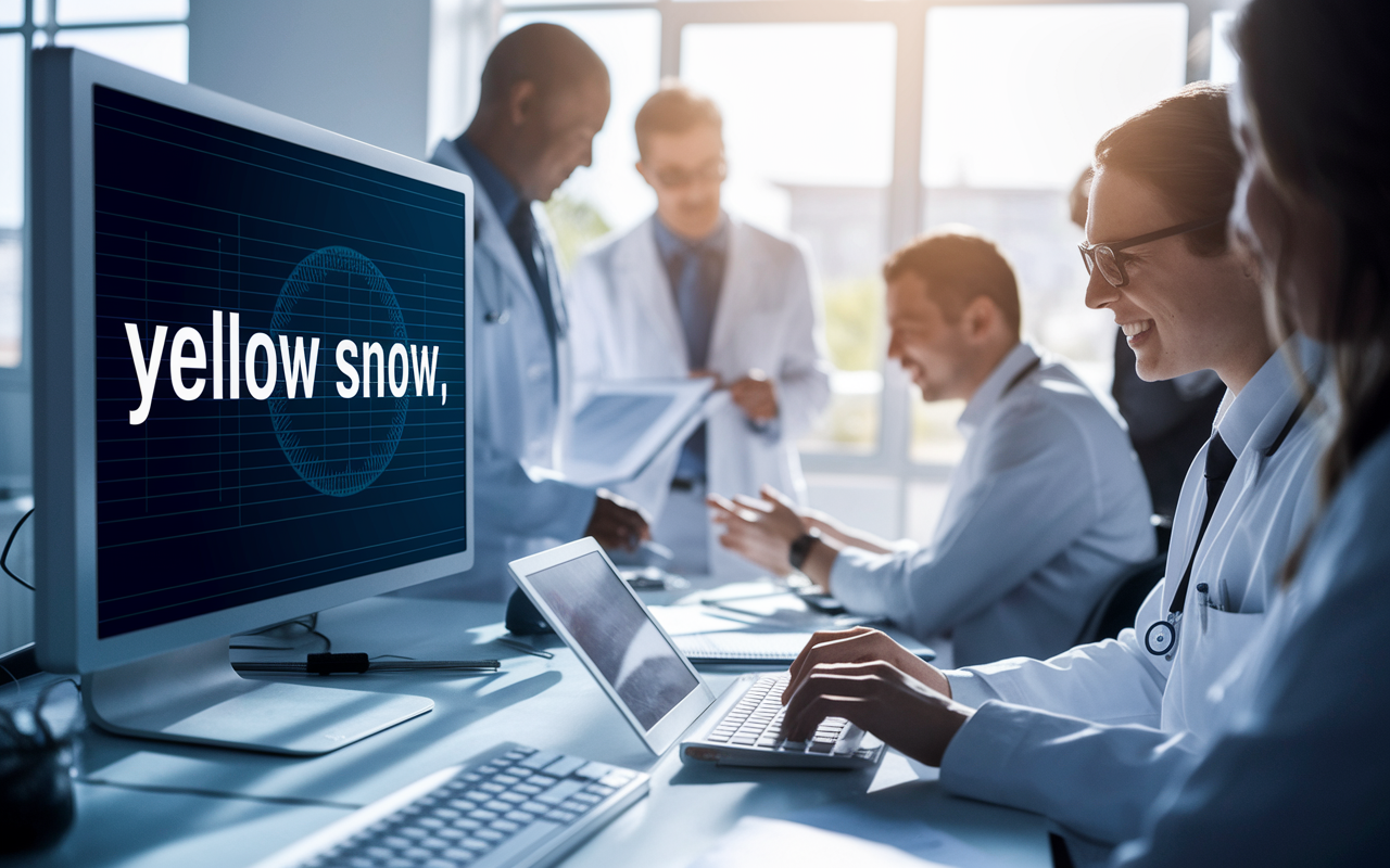 A busy medical office where a medical scribe types diligently while listening to a doctor speak about a biopsy. The screen in front shows a distorted, humorous transcription error reading 'yellow snow,' contrasting sharply with the serious conversation. The surrounding staff are caught in mid-laughter, reflecting their appreciation for the hilarious mix-up. Soft natural light spills in through a window, illuminating the scene.