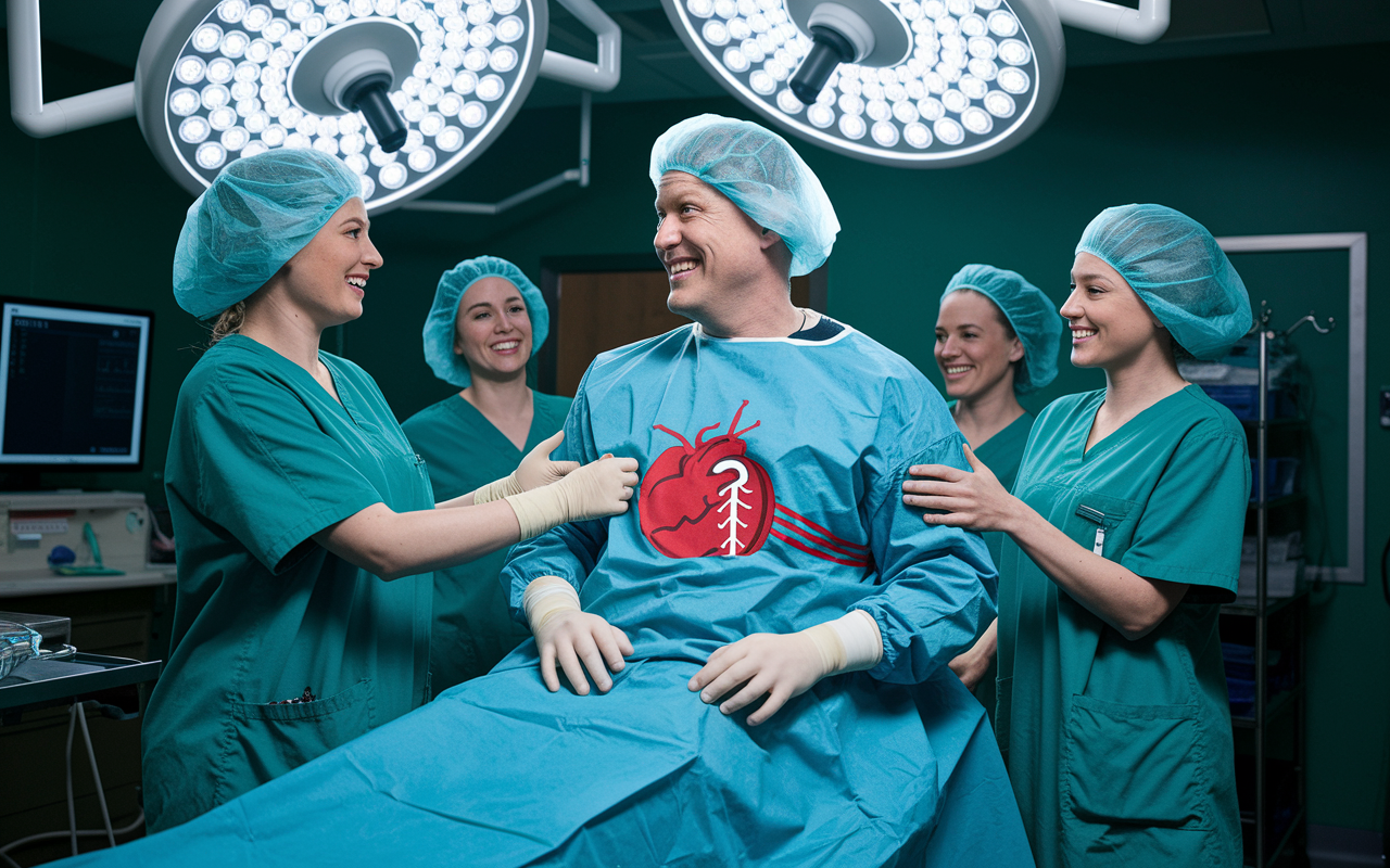 A humorous hospital operating room scenario where a nurse, in a playful mix-up, is dressing a patient in surgical gear intended for heart surgery instead of a knee procedure. The patient, looking bewildered yet amused, humorously points out the mistake while other nurses in the background share a laugh. The bright surgical lights cast an exaggerated spotlight on the scene, enhancing the sitcom-esque quality of the moment.