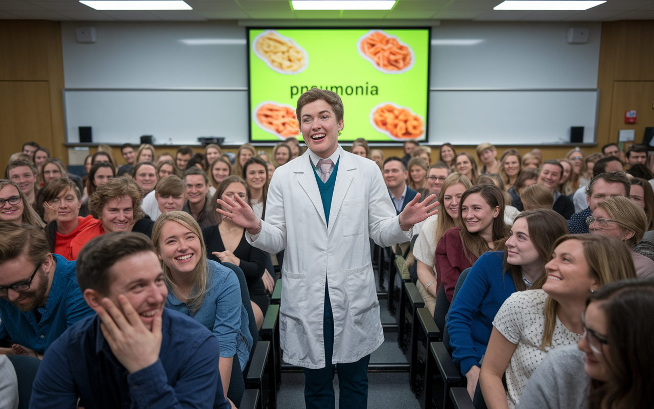 A crowded lecture room where a nervous medical student stands at the front, mistakenly pronouncing 'pneumonia' as 'pasta.' Laughter erupts from the audience, and amused expressions grace the faces of fellow students, creating a joyous atmosphere. The student, blushing and visibly flustered, tries to correct their mistake with additional comic flair, while a colorful presentation screen humorously displays images of pasta.