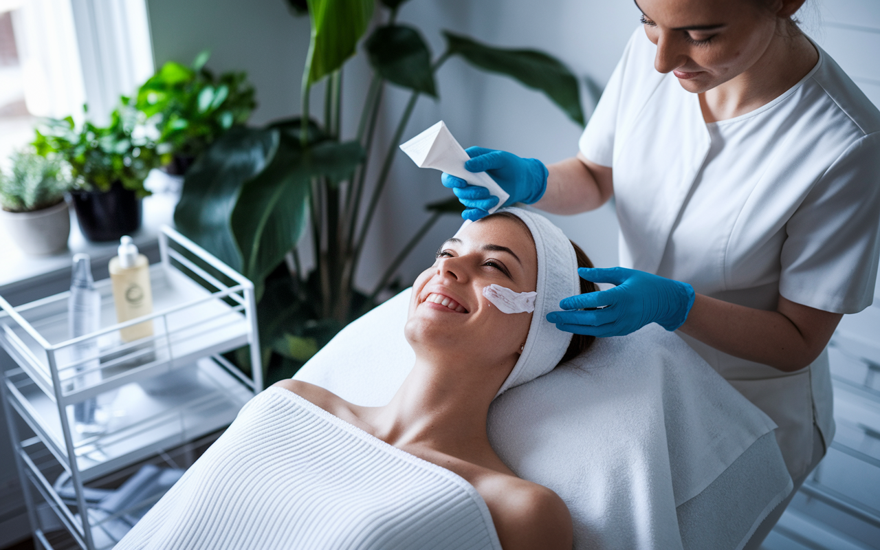 A chic aesthetic clinic where a hopeful patient awaits a facial treatment, surrounded by stylish decor. Instead of a rejuvenating cream, the aesthetician accidentally applies a humorous patch of anti-itch cream, causing the patient’s amusingly optimistic reaction: a big smile despite the oddity. Natural light floods the room revealing vibrant plants and elegant treatment tools in playful disarray.