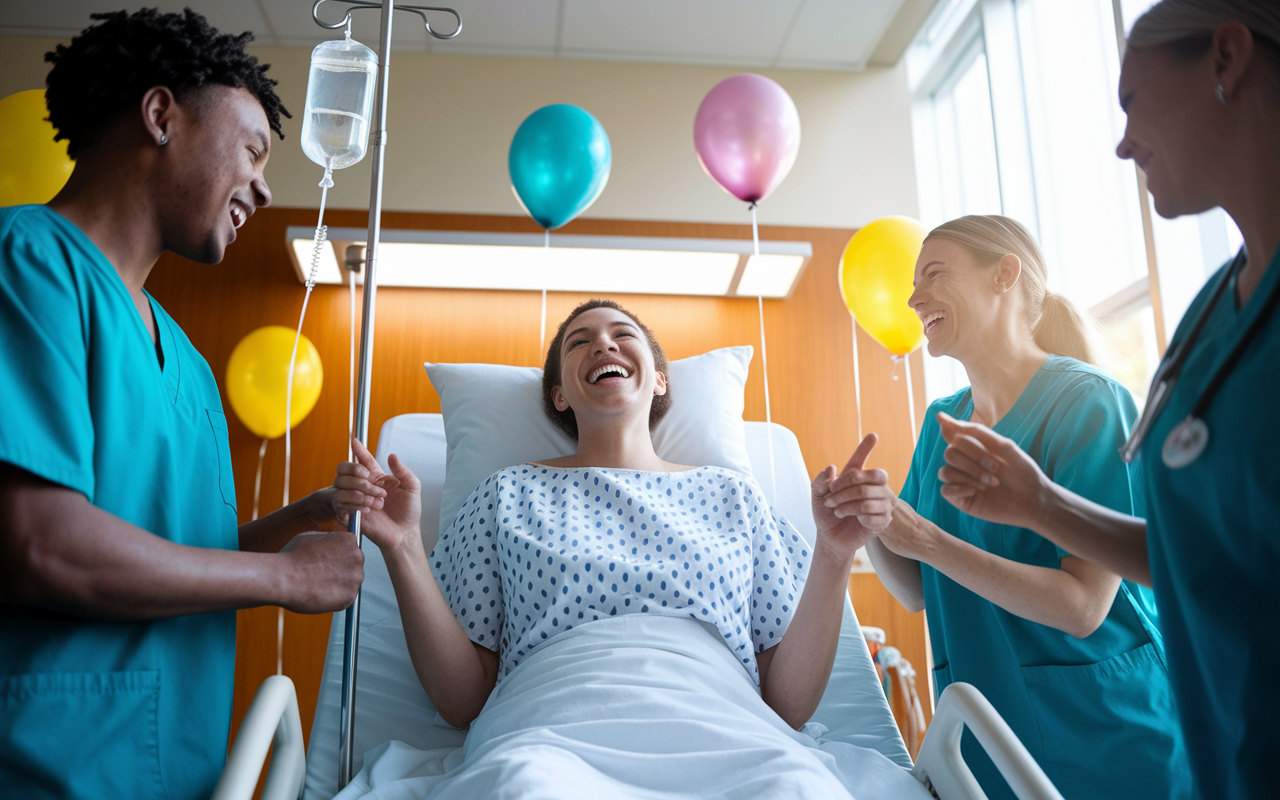 A bright hospital ward with a cheerful patient jokingly exclaiming that their IV was 'floating' after receiving treatment. The medical staff around is animatedly laughing, creating a warm and humorous environment. Balloons and cheerful decorations embellish the background, while a stream of sunlight comes through the window, accentuating the lighthearted essence of the moment.