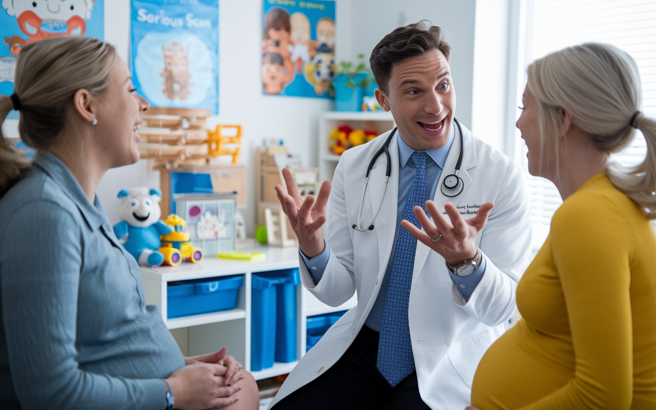 A playful pediatrician's office where the doctor is engaged in a lighthearted conversation with expectant parents about baby names. The doctor’s expression is a mix of surprise and amusement as the couple excitedly mentions the name 'Serious Scan.' Colorful children's posters, toys, and a bright atmosphere set the scene, capturing the warmth of the discussion and the joy surrounding new life.