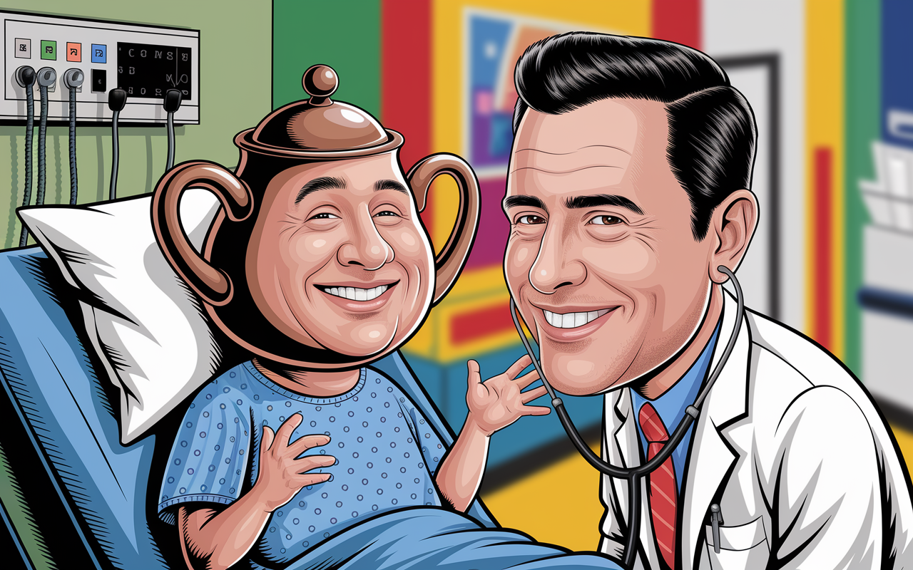 A caricature-style illustration depicting a playful interaction between a doctor and a patient who humorously believes he is a teapot. The patient is in a hospital gown, animatedly gesturing as he smiles, while the doctor, wearing a stethoscope, leans in with a playful smirk. The background is a colorful hospital room with whimsical decor, emphasizing the lightheartedness of the scene.