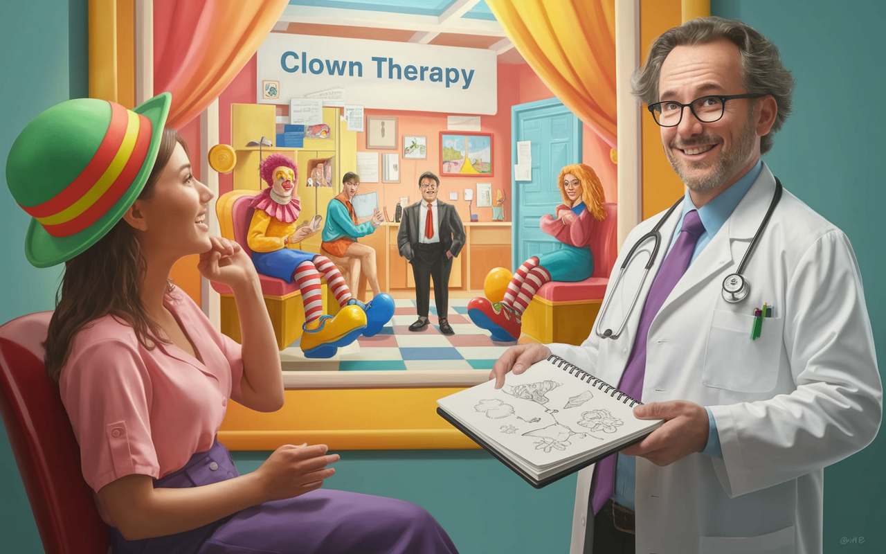 A whimsical digital painting of a doctor humorously prescribing 'clown therapy' to a patient in a cheerful clinic. The patient is seated, looking amused as she visualizes a room filled with people in oversized clown shoes and vibrant hats. The doctor stands confidently beside her, holding a notepad filled with silly sketches. Bright colors and playful elements create a joyful, comforting atmosphere.