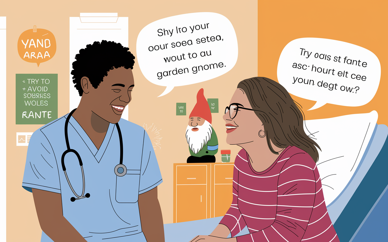 A light-hearted illustration capturing a medical resident and a patient sharing a laugh in a hospital setting. The resident, with a stethoscope around their neck, appears genuinely amused as the patient shares their humorous secret about a garden gnome. The room is brightly lit, adorned with motivational quotes and playful wall decorations, reflecting a friendly and supportive environment.