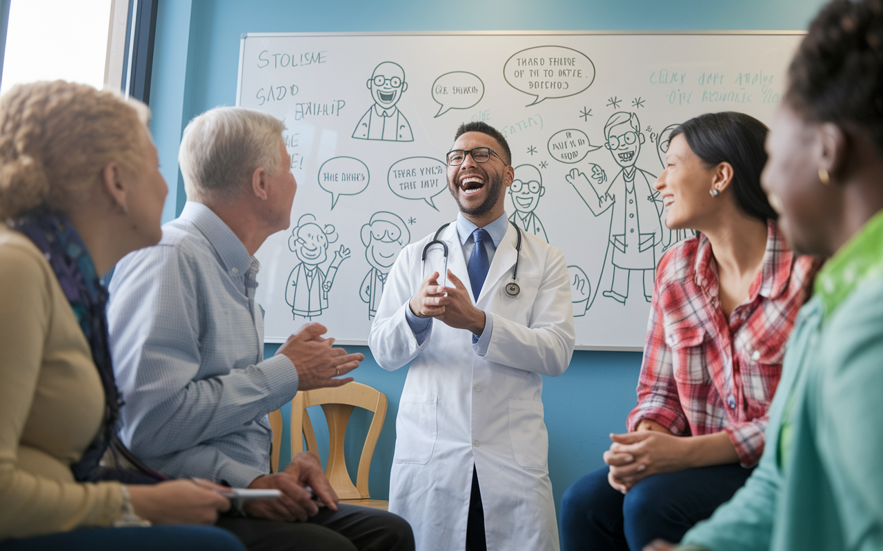 A lively scene in a doctor’s office where a physician is telling a joke to patients and staff. The doctor, mid-laugh, stands in front of a whiteboard filled with silly cartoons and puns. The patients, smiling and relaxed, share the moment, creating an atmosphere of warmth and camaraderie amid medical discussions. Bright colors and a playful ambiance fill the room.