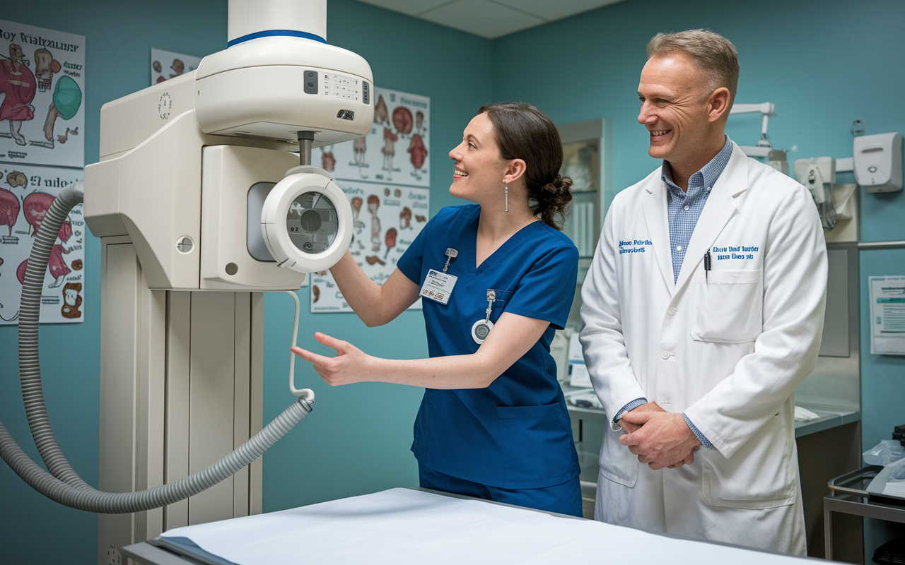 A humorous scene in a radiology room featuring a physician and a radiology nurse sharing a light moment over a malfunctioning X-ray machine. The nurse is pretending to listen intently to the machine while the physician stands nearby, chuckling at the situation. Clinical equipment and playful posters fill the background, creating an environment that balances professionalism with laughter.