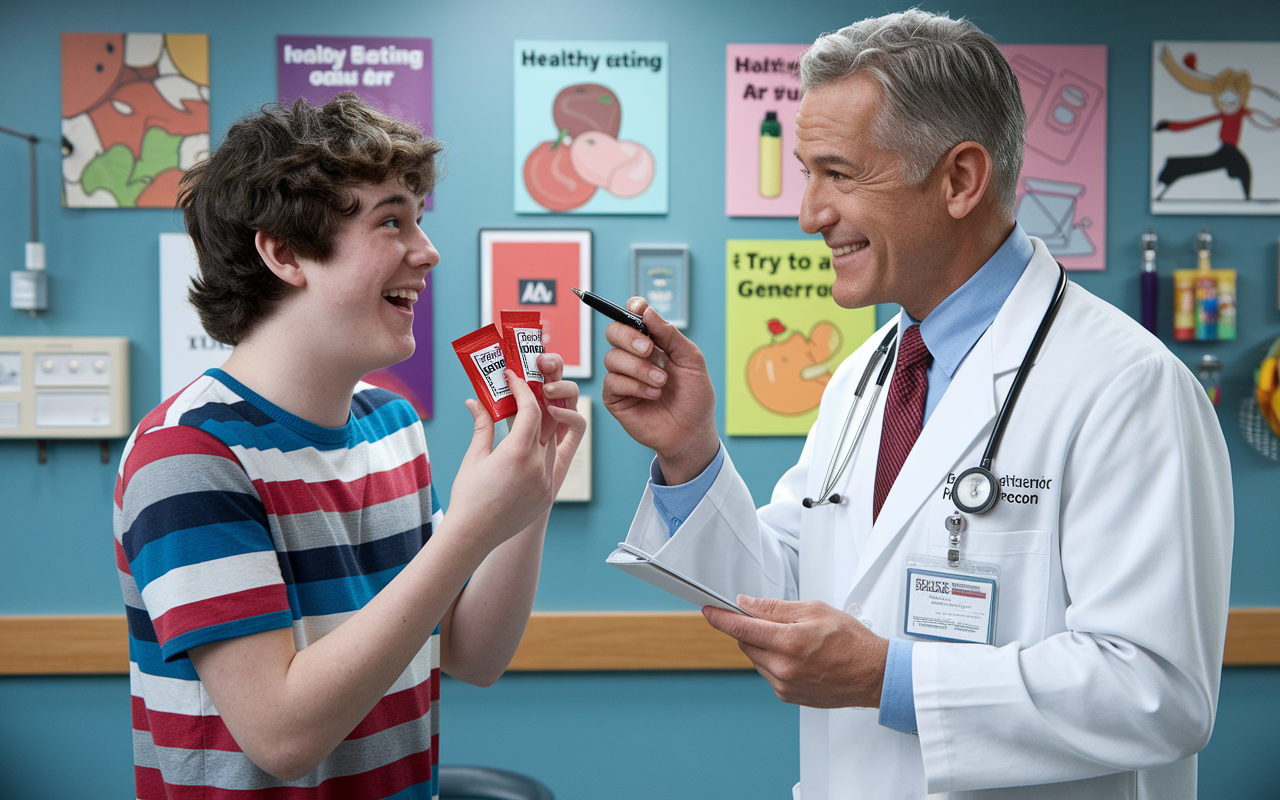 A funny hospital scene where a teenager jokingly proposes to trade ketchup packets for medications. The doctor, with a comedic smirk, holds a pen ready to write a prescription. The background is filled with lighthearted hospital decor, including playful posters about healthy eating and fun art, making the environment inviting and humorous.