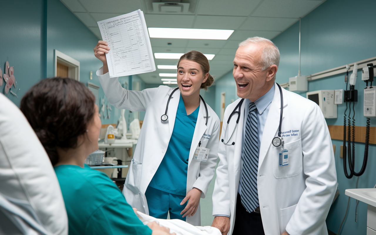 A humorous scene in a medical ward where a medical student makes a joke about a patient's condition in front of an attending physician. The student, animated and expressive, holds up a chart as the physician laughs heartily. Bright clinical lighting enhances the jovial atmosphere, surrounded by medical equipment and playful decorations that promote a stress-free environment.