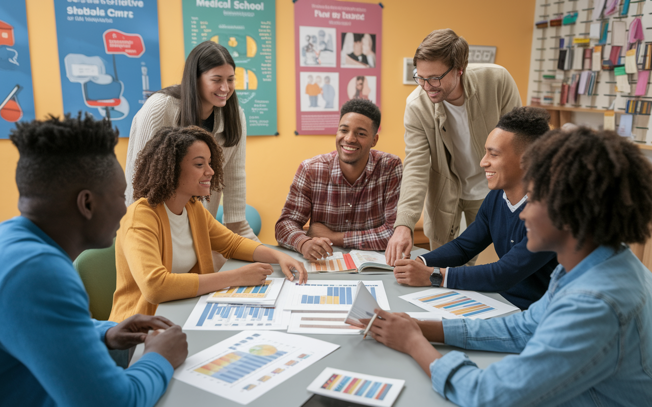 A diverse group of students gathered around a table in a study room, engaging in discussions and sharing materials as they study for the MCAT. Charts, graphs, and flashcards are visible, emphasizing collaboration and knowledge sharing. The room is filled with motivational posters about medical school, and the warm lighting fosters a supportive study environment.