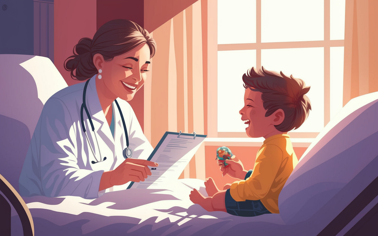 A serene hospital room with a doctor and a patient sharing a laugh. The doctor, a middle-aged woman with a warm smile, holds a medical chart while the patient, a young boy, giggles with a toy in hand. Soft, warm lighting emanates from a nearby window, casting gentle shadows, creating an inviting and comforting atmosphere. The scene is peaceful yet lively, illustrating the positive impact of humor and connection in a medical setting. Illustration style, with soft edges and warm color palettes.