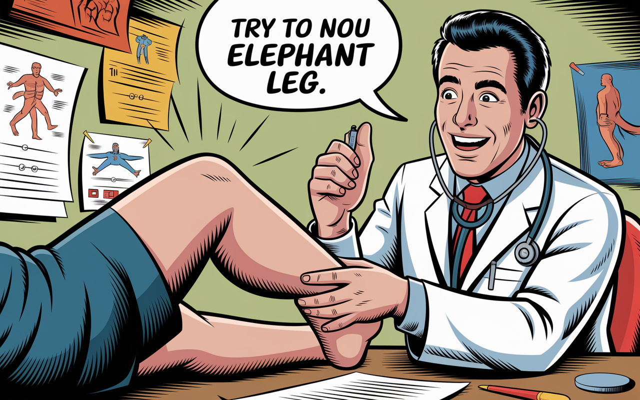 A comic-style illustration of a doctor with a surprised expression examining a patient's leg, which is humorously exaggerated, looking like an 'elephant leg'. The doctor is in a bright white coat with a stethoscope, surrounded by colorful medical charts and tools. Laughter is represented through animated lines and cheerful expressions, bringing warmth and light-heartedness to a typically serious environment.