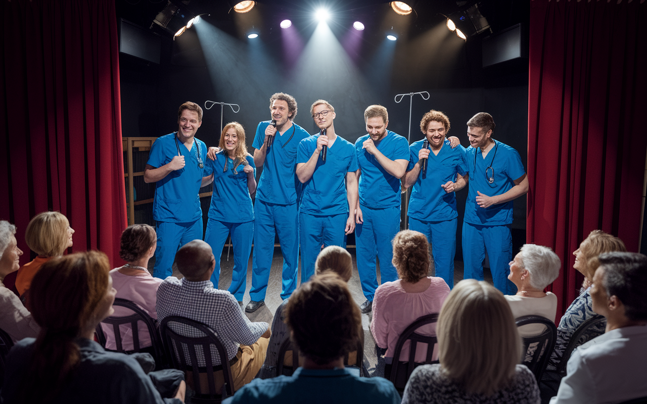 A stage in a small comedy club where a group of doctors in scrubs are performing stand-up comedy. The audience, comprised of smiling patients and families, is visibly engaged and laughing. The spotlight shines on the doctors, creating an intimate atmosphere filled with joy and connection. Props like a stethoscope and a hospital bed are humorously integrated into their act. The scene is colorful and vibrant, showing the connection between healthcare and humor.