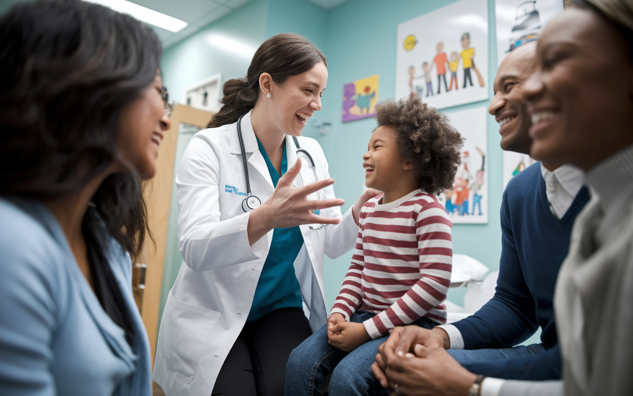 A heartwarming scene in a doctor’s office, where a doctor is playfully engaging a young patient, both laughing joyfully. The doctor, a young woman, is gesturing animatedly, creating an inviting atmosphere. The child's expression radiates joy, and nearby family members are smiling warmly. The room is filled with friendly decor, with colorful drawings on the walls, highlighting the bond formed through humor. The scene captures the essence of laughter’s role in patient care.