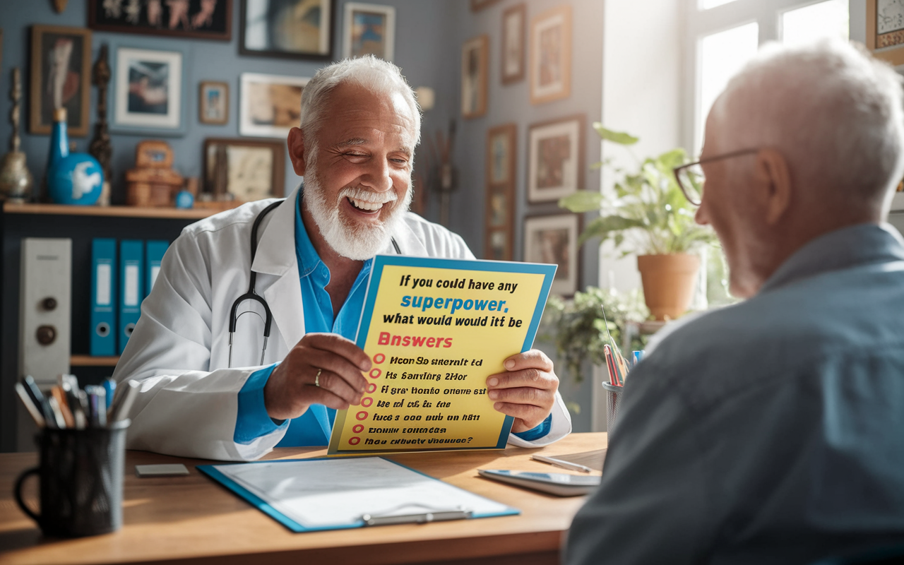 An elderly doctor with a twinkle in his eye sits at his desk, reviewing a colorful intake form filled with amusing responses. The form features a bright question, 'If you could have any superpower, what would it be?' as well as a light-hearted list of answers, one of which reads 'To stop doctors from asking silly questions.' The doctor's laughter is shared with an amused older patient seated in front of him. The office is cozy and filled with quirky medical memorabilia, sunlight beams through a window, creating a cheerful and uplifting environment.