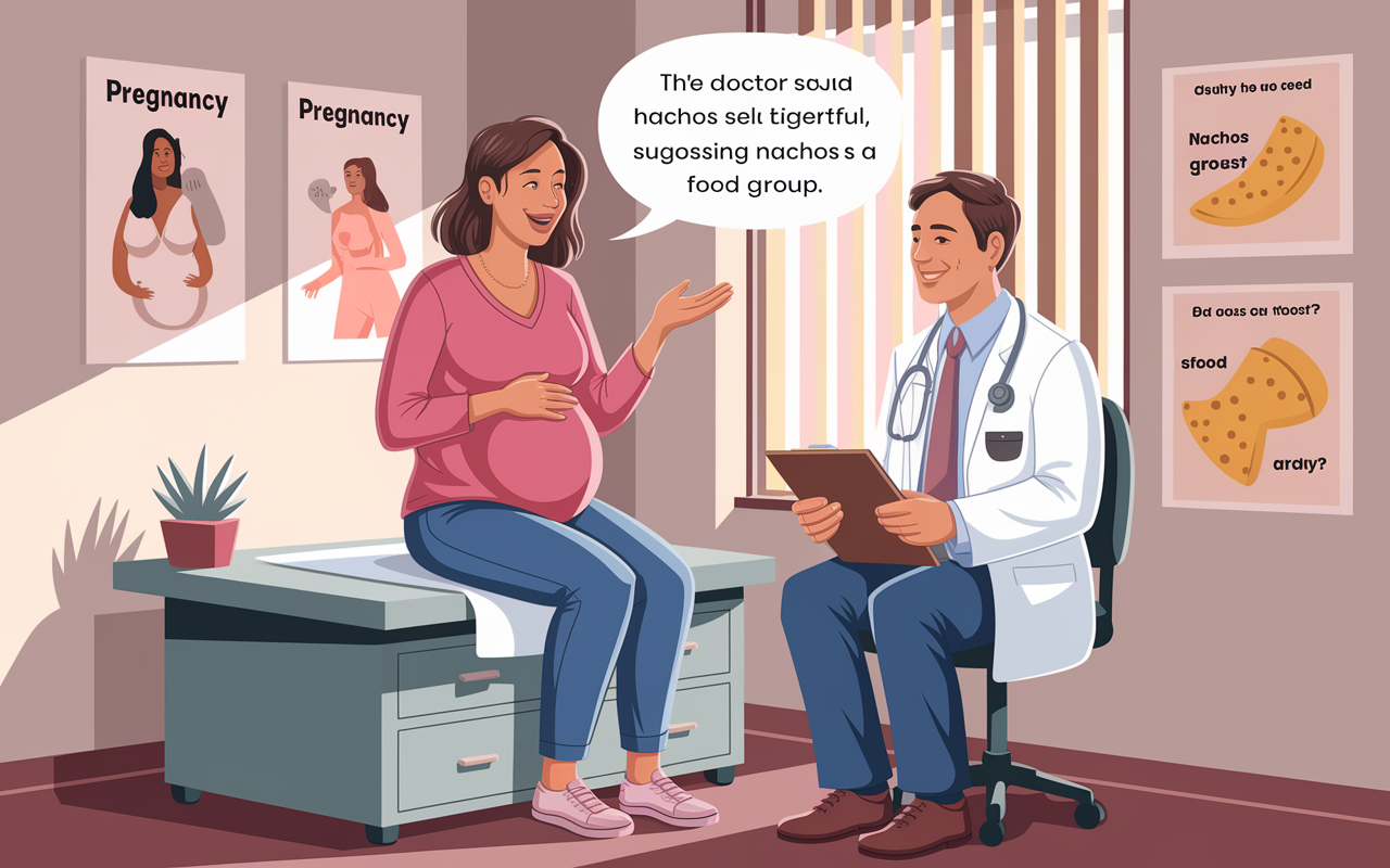 A humorous follow-up doctor's visit is underway, capturing a mid-40s woman animatedly explaining her pregnancy symptoms to a calm, bemused doctor. She sits on an examination table, surrounded by playful pregnancy posters, while the doctor sits across from her with a gentle smile, holding a clipboard. Soft, natural lighting filters through the window, enhancing the cheerful atmosphere. The doctor's speech bubble humorously suggests discussing nachos as a food group, making the viewer feel the lighthearted banter and rapport between them.