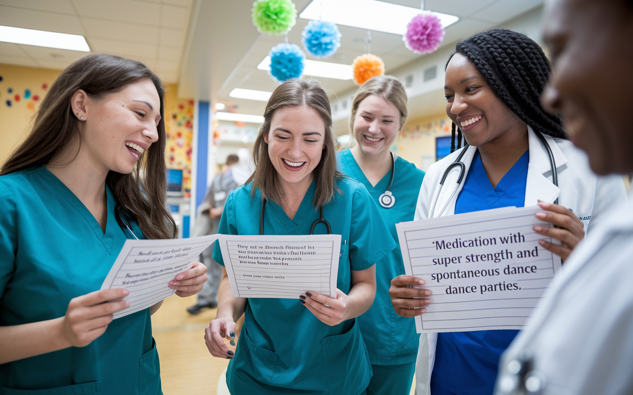 A cheerful scene in a hospital ward showcases a group of medical interns laughing as they review a creatively altered patient paperwork with humorous prompts. One intern reads aloud a response about being a 'medication with super strength and spontaneous dance parties.' The atmosphere is bright and filled with energy, with colorful decorations on the walls, showcasing the fun, collaborative environment where medical professionals bond over laughter while maintaining a focus on patient interactions.