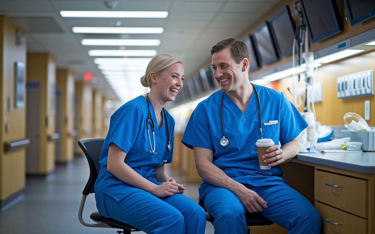 A doctor and nurse in scrubs sitting at a busy hospital nurse's station, sharing a light-hearted moment. The nurse is visibly laughing, while the doctor smirks, holding a coffee cup. The background reveals monitors and patient care tools, illuminated by the soft fluorescent lights of the hallway, creating a lively yet professional atmosphere.