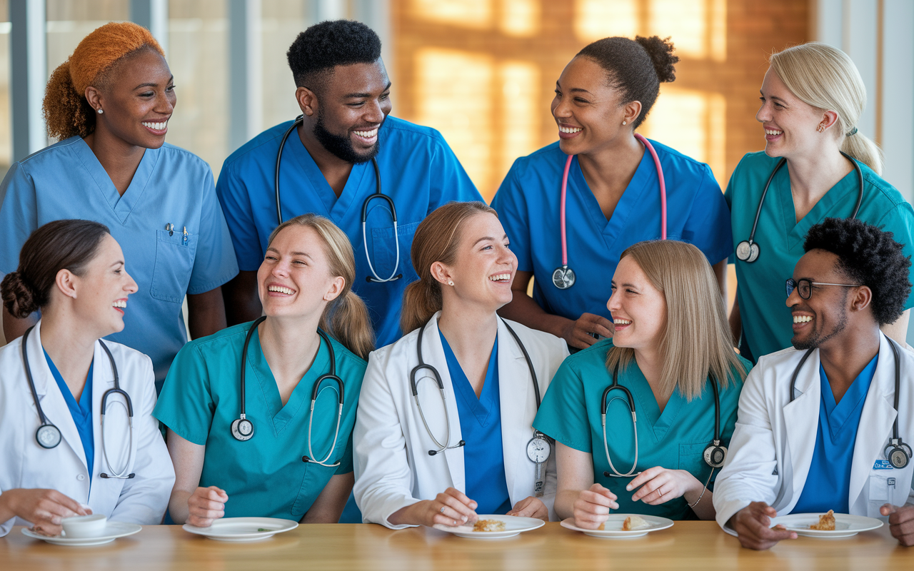 A collage of healthcare professionals from diverse backgrounds, including doctors, nurses, and medical students, all sharing laughs in a hospital cafeteria. Shadows of medical equipment may be seen in the background while everyone enjoys a light-hearted atmosphere. The image captures the essence of camaraderie and support within the healthcare profession, with soft, warm lighting enhancing the scene’s uplifting nature.