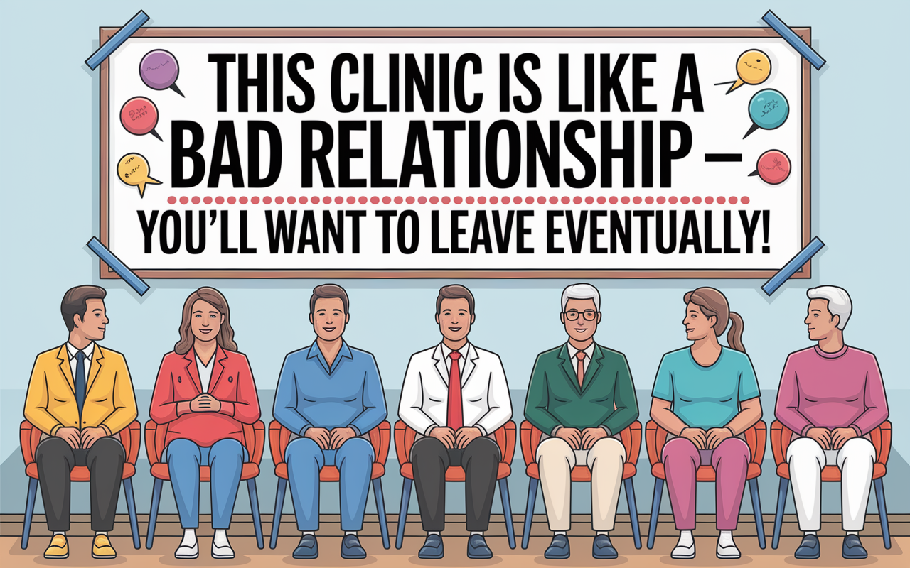 A comical and relatable sign in a waiting room humorously stating, 'This clinic is like a bad relationship — you’ll want to leave eventually!' The sign is creatively designed with quirky graphics illustrating the concept of relationships, with patients chuckling at its relatability. The waiting room is palpable with understanding as individuals share knowing smiles.