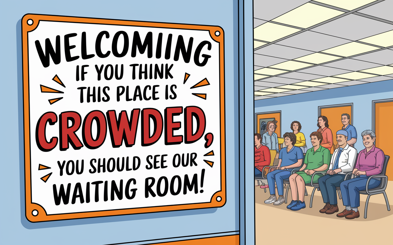 An amusing sign in a hospital welcoming patients and humorously stating, 'If you think this place is crowded, you should see our waiting room!' The sign is vibrant, featuring playful graphics and cheerful colors that draw attention. The waiting room beyond is lively, filled with patients in conversation and sharing laughter, adding to the light-heartedness.