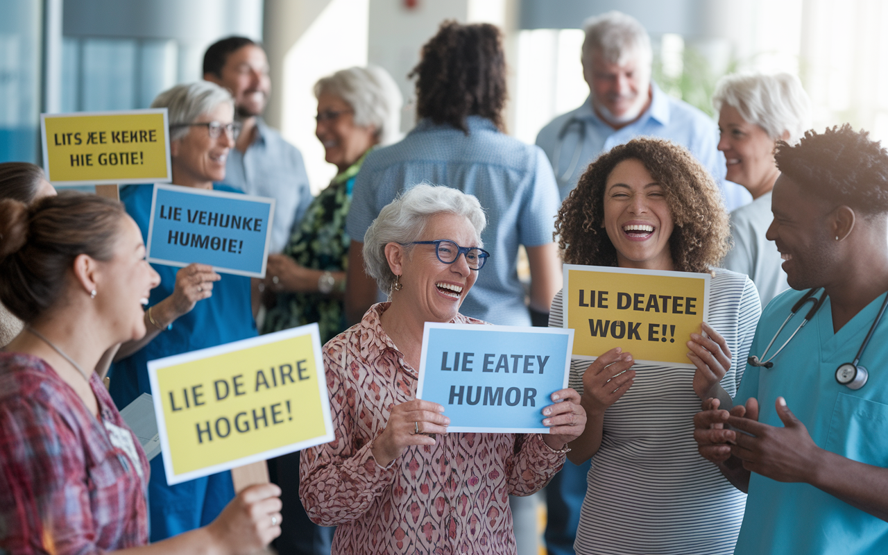 A heartwarming scene in a healthcare setting where patients are sharing laughter over humorous signs. The atmosphere is lively and inviting, with signs featuring catchy phrases and playful graphics. People of various backgrounds are depicted, all engaged in light-hearted conversations, showcasing the joy humor brings even in a medical context. Natural light fills the space, creating an uplifting ambiance that enhances the overall feeling of camaraderie.