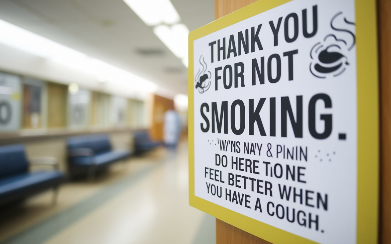 A close-up view of a humorous sign in a hospital corridor that reads, 'Thank You for Not Smoking. We're Not Here to Make You Feel Better When You Have a Cough.' The sign is colorful, with playful typography and icons representing smoke and cough. In the background, soft-focus hospital elements like nurse stations and waiting chairs add context, underscoring the light-hearted message in a typically serious environment.