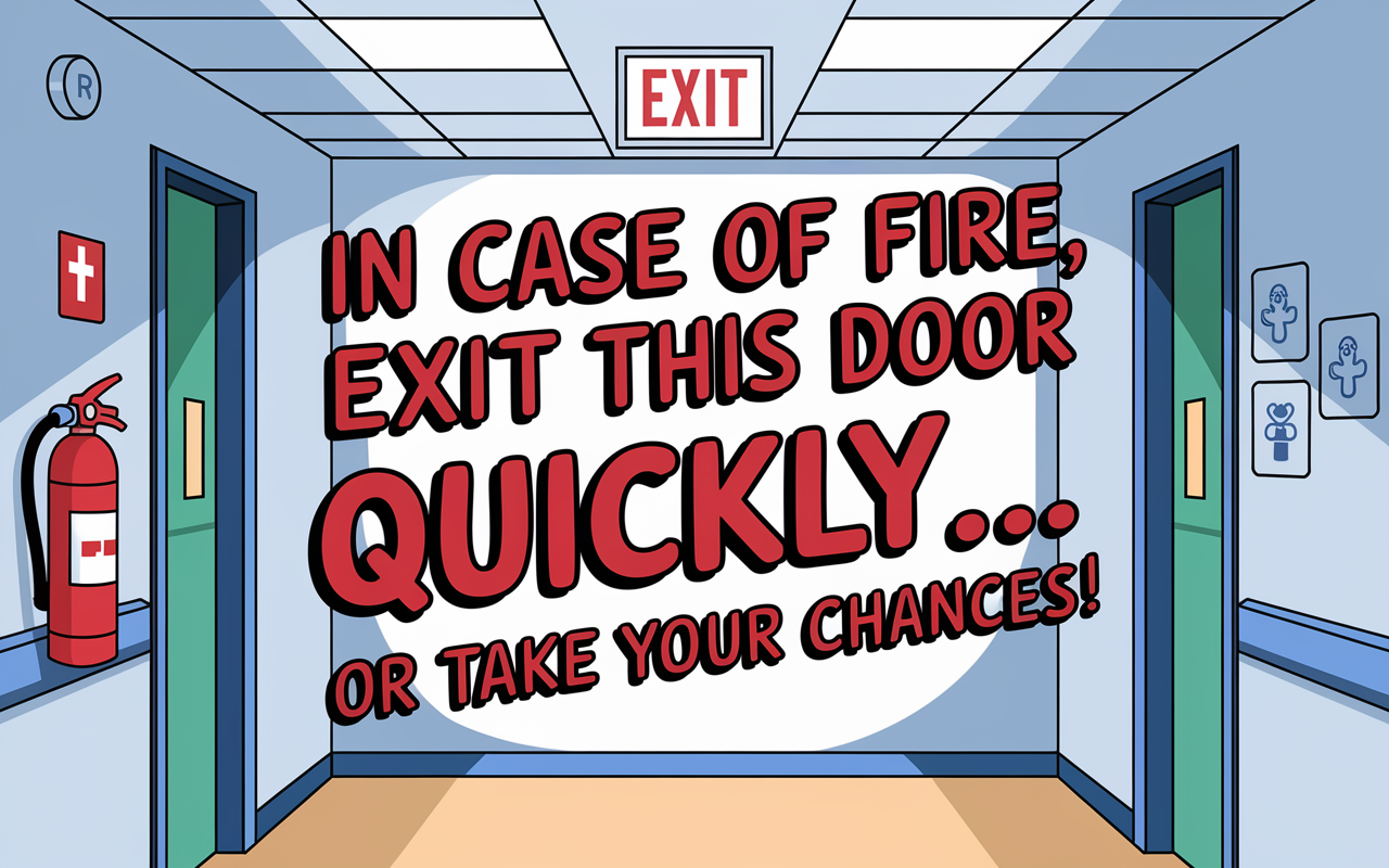 An amusing fire exit sign located in a hospital corridor reading, 'In case of fire, exit this door quickly... or take your chances!' The style is cartoonish with exaggerated typography and bright colors. The setting includes a visible fire extinguisher and medical badges on the walls, contrasting the serious nature of safety with comedic flair.