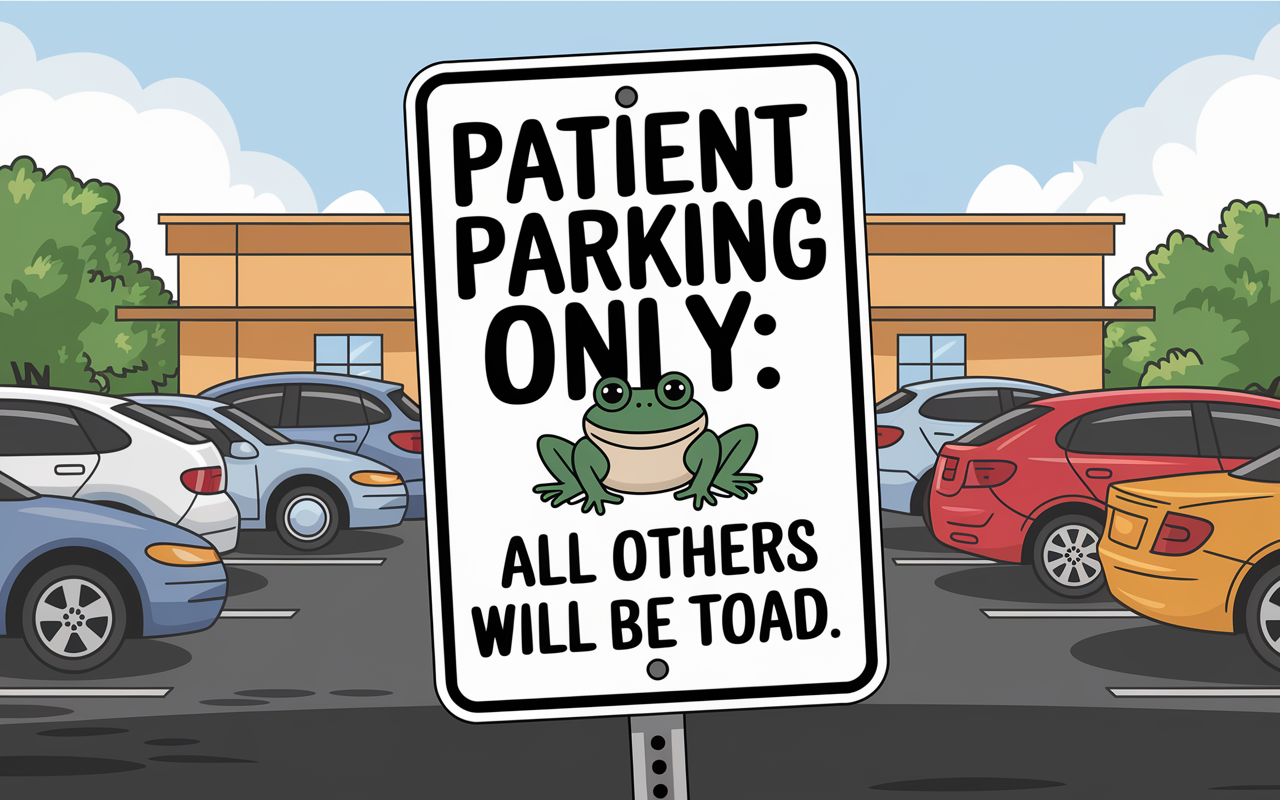 A comically designed sign stating, 'Patient Parking Only: All Others Will Be Toad.' The sign features a cartoon frog, humorously emphasizing the pun. The background shows a hospital parking lot bustling with activity, emphasizing the lighthearted approach to enforcing parking rules among the healthcare settings.