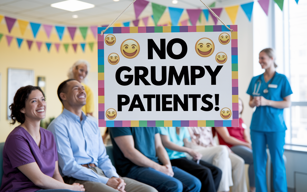 A cheerful sign hanging in a clinic reading 'No Grumpy Patients!' amongst colorful decorations and friendly staff. The sign features smiling emojis and bright colors that create a positive atmosphere. Patients in the waiting area are chuckling and appearing more relaxed, reflecting the sign's intention. Soft, welcoming lighting creates an amicable environment conducive to healing.