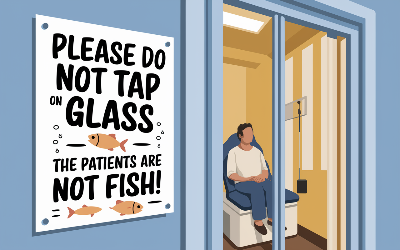 A playful notice displayed beside an examination room that reads, 'Please do not tap on the glass — the patients are not fish!' The notice is illustrated with playful graphics of a fish and whimsical fonts. The examination room behind the glass is softly lit, with a patient sitting comfortably, showcasing the importance of privacy in a humorous light.