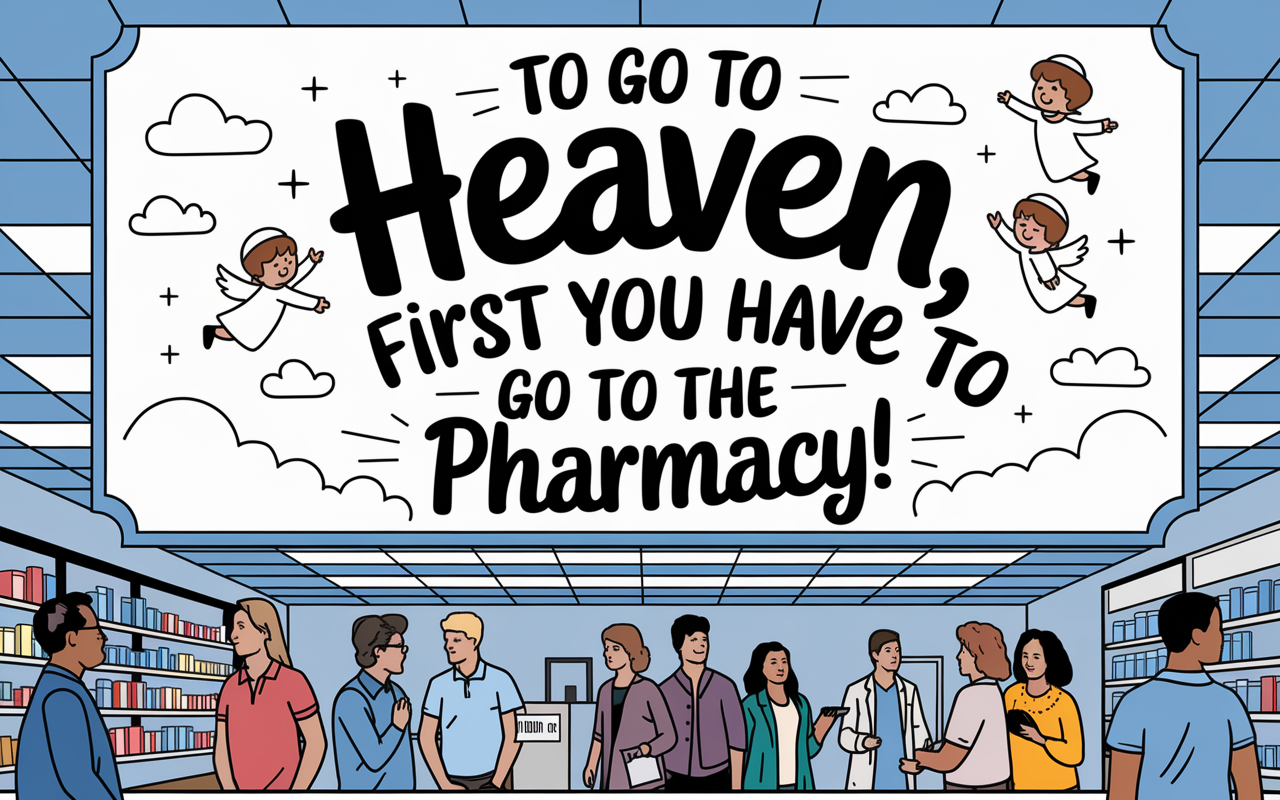 A whimsical sign in a pharmacy that humorously states, 'To Go to Heaven, First You Have to Go to the Pharmacy!' The sign is designed with playful graphics of clouds and angels, setting a light-hearted mood. The pharmacy environment is bustling, with patients finding humor in the wait, further emphasizing the collection of relatable experiences in healthcare.