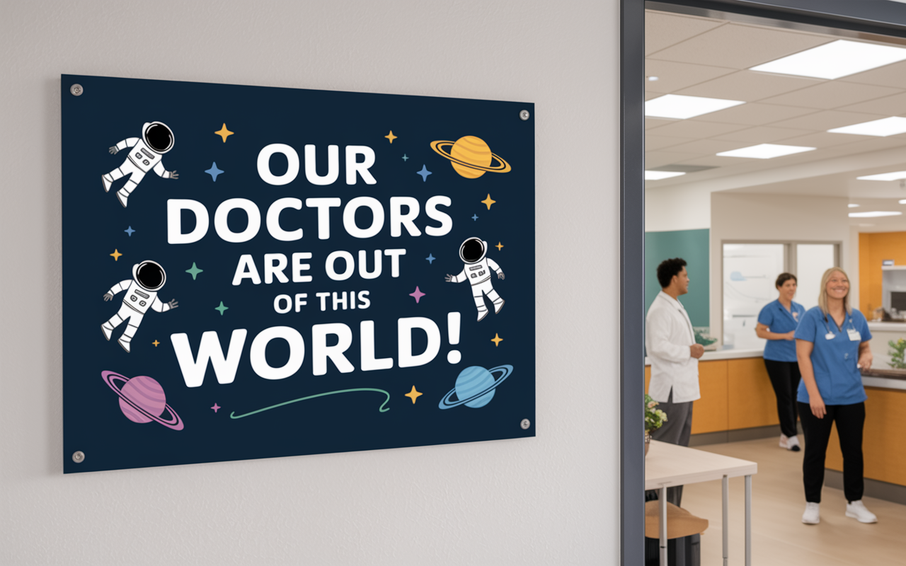 An eye-catching sign in a clinic stating, 'Our doctors are out of this world!' The sign features colorful illustrations of astronauts and planets, creating a fun and imaginative representation of excellence in healthcare. The clinic setting is open and friendly, with staff and patients enjoying the light-hearted ambiance.