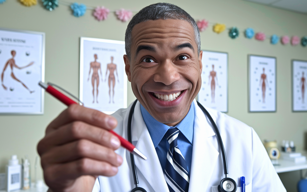 A close-up view of a cheerful doctor in a medical office, holding a red pen and smiling cheekily at the camera. The room is adorned with cheerful decorations and medical charts on the walls. A lighthearted atmosphere conveys joy as the doctor prepares to deliver a witty punchline, emphasizing the blend of professionalism and playful humor.