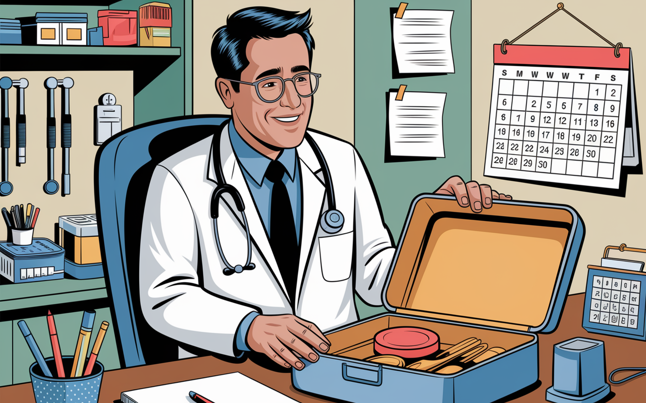 A light-hearted illustration of a doctor in an office looking slightly flustered, standing next to an empty lunchbox. The doctor wears a white coat and glasses, with a cheerful expression that suggests a humorous realization. The office is filled with medical instruments and a humorous calendar hanging on the wall, as the scene conveys warmth and relatability.