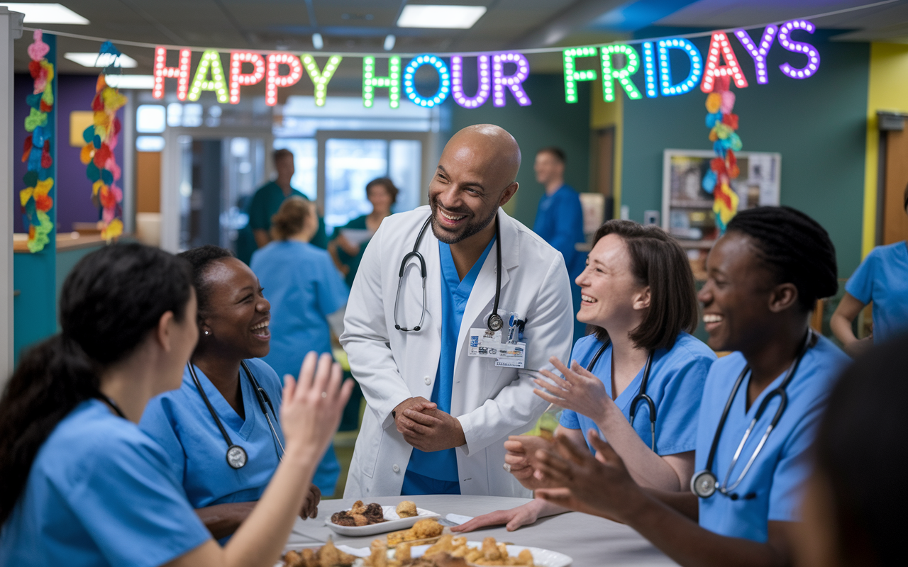 An oncology ward setting filled with medical staff laughing and sharing stories during 'Happy Hour Fridays'. The atmosphere is vibrant, with colorful decorations and soft lighting creating a sense of warmth. Doctors and nurses gather around a table with snacks, each animatedly sharing their amusing anecdotes, illustrating a supportive environment amidst the challenges of patient care.