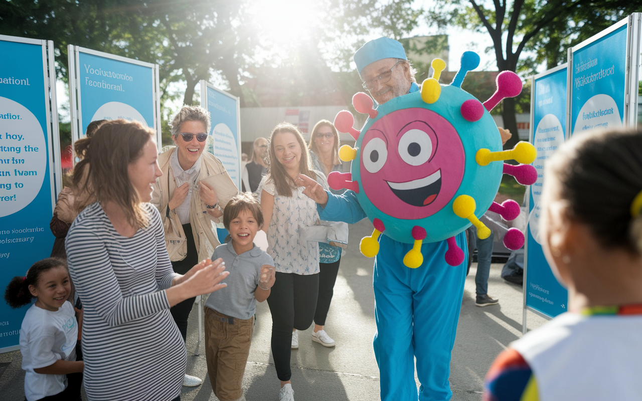 A lively community health fair scene, featuring a doctor dressed in a colorful, oversized virus costume engaging with families. The vibrant atmosphere is filled with children laughing and adults smiling, while educational posters about vaccination surround the area. Sunlight streams through, enhancing the joyful interaction, as the doctor humorously explains health information, making it both entertaining and educational.