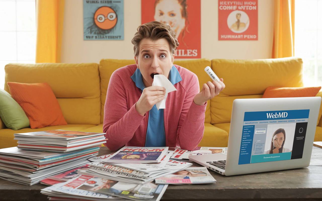 A comedic scene of a hypochondriac in a cozy living room, surrounded by a mountain of health-related magazines and a laptop showing WebMD. Their exaggerated expressions of worry and panic while holding a tissue and a thermometer that reads normal, creates a humorous contrast. Bright, colorful decor in the background, with quirky medical posters on the walls. Soft, warm lighting to enhance the lighthearted atmosphere.