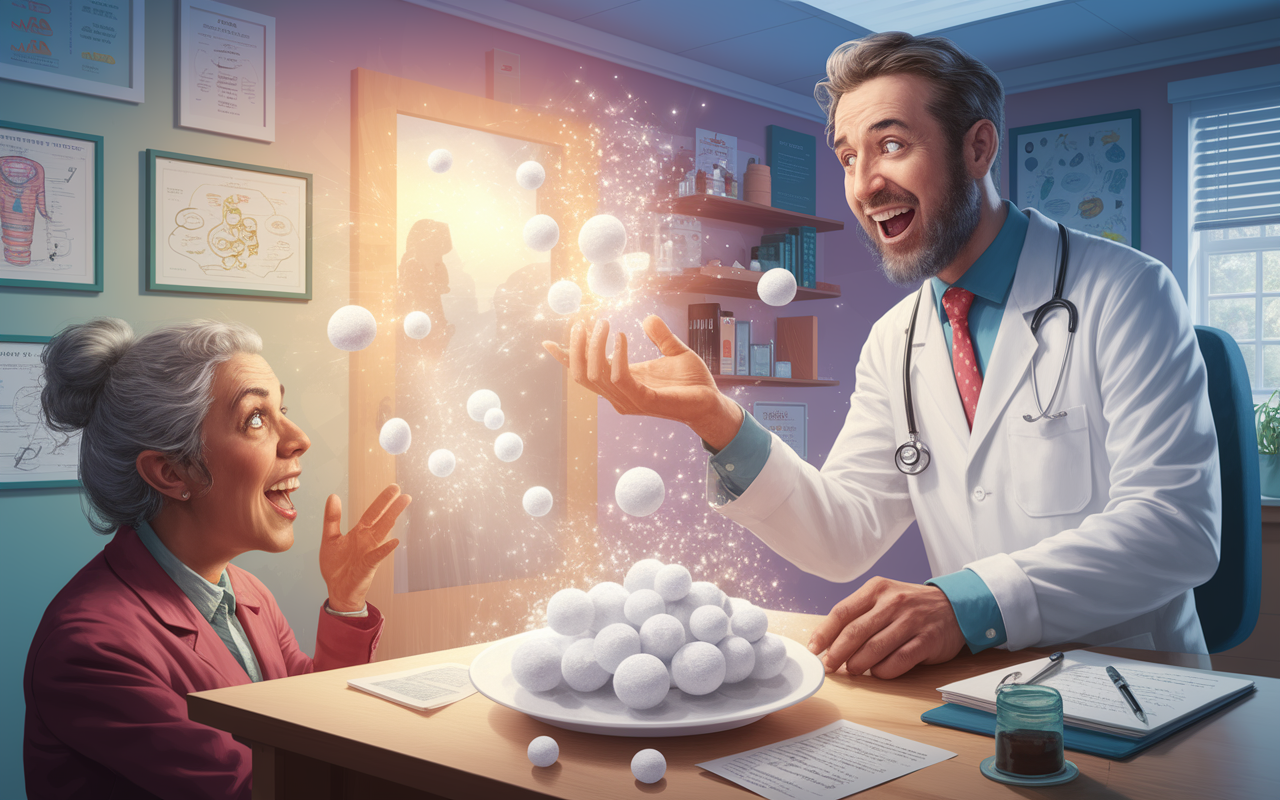 An enchanted doctor’s office where a doctor theatrically presents sugar pills as if they are magical potions. The scene features sparkles and light effects around the pills, with a surprised patient looking on in awe. The office is whimsically decorated with colorful charts, and exaggerated facial expressions add humor. Bright, whimsical colors with a cheerful atmosphere, creating a magical realism vibe.