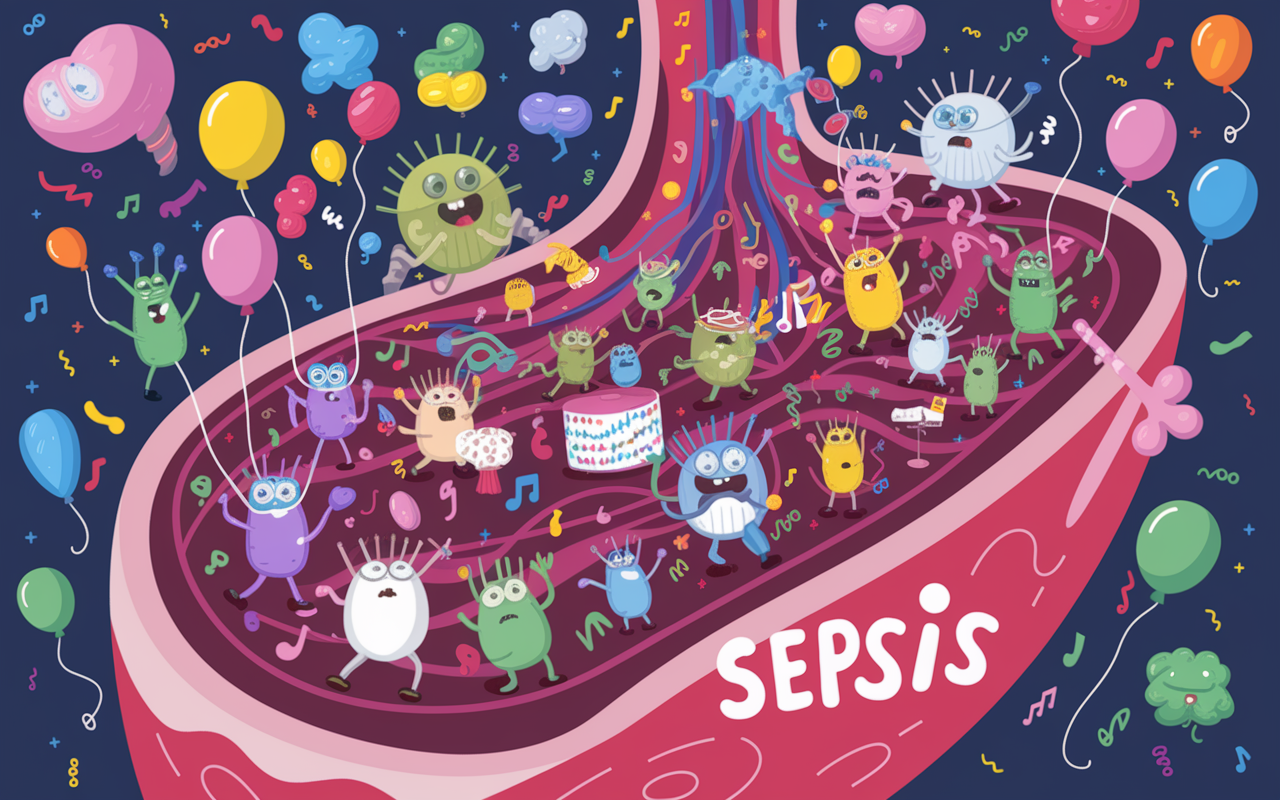 An animated depiction of sepsis as a wild party happening inside a human body. Visualize colorful and chaotic scenes with tiny humorous characters acting as the body’s immune response throwing a party in reaction to infection—balloons, confetti, and music notes filling the bloodstream. Bright colors, a sense of chaos paired with a festive atmosphere, capturing humor in a serious scenario.