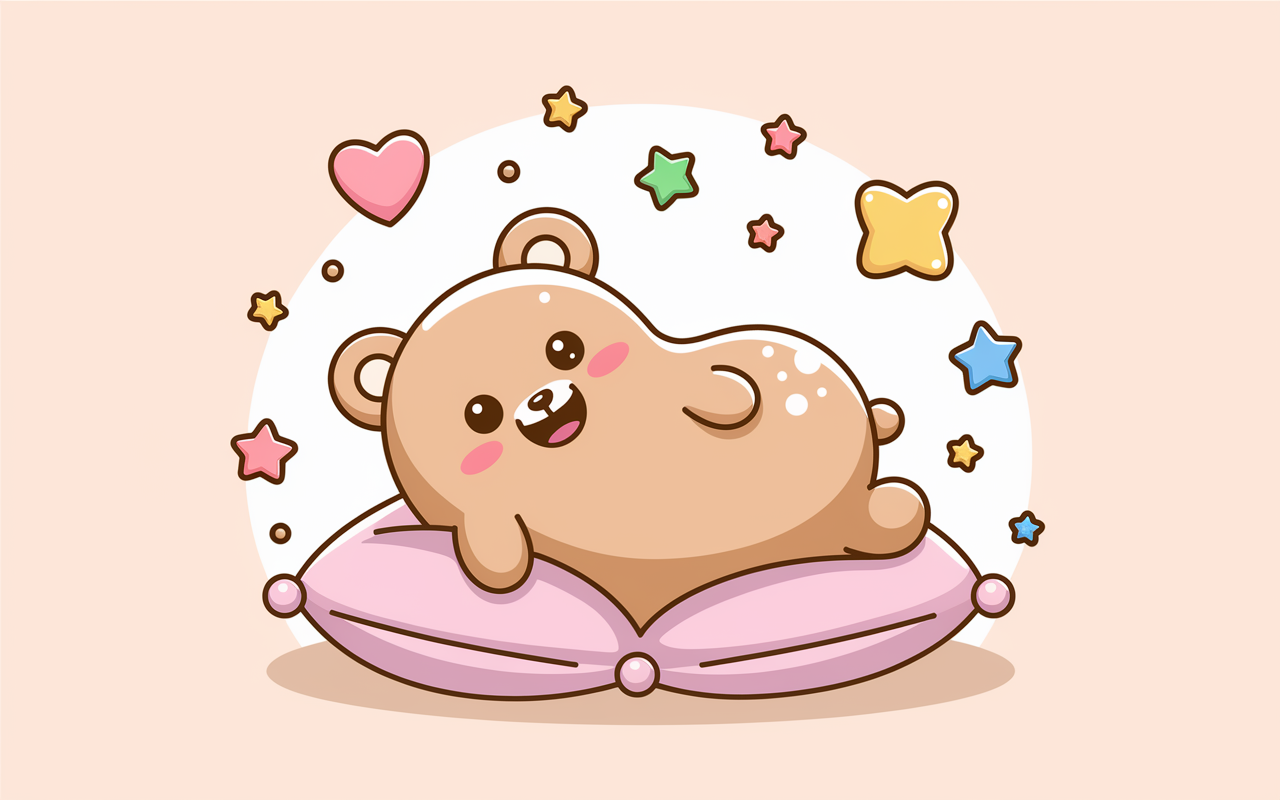 A cute scene featuring a friendly, cartoonish benign tumor resembling a teddy bear, lounging on a soft pillow and grinning cheerfully. Surrounding it are colorful, playful decorations that emphasize its harmless nature. Every little detail represents joy and comfort, with pastel colors creating a soothing visual experience. Soft spotlighting highlights the character, making it feel approachable and endearing.