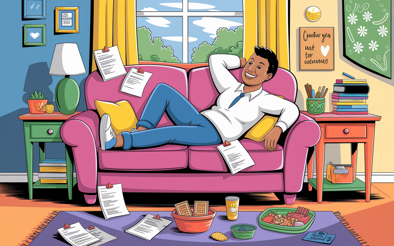 A humorous interpretation of a chronic condition as an annoying yet lovable roommate refusing to leave a cozy apartment. The character, a cartoonish person with a permanent smile, lounges on the couch surrounded by to-do lists and snacks. The room is cozy but cluttered, depicting the ongoing nature of a chronic issue in a light-hearted manner. Bright colors, inviting atmosphere with sunny lighting.