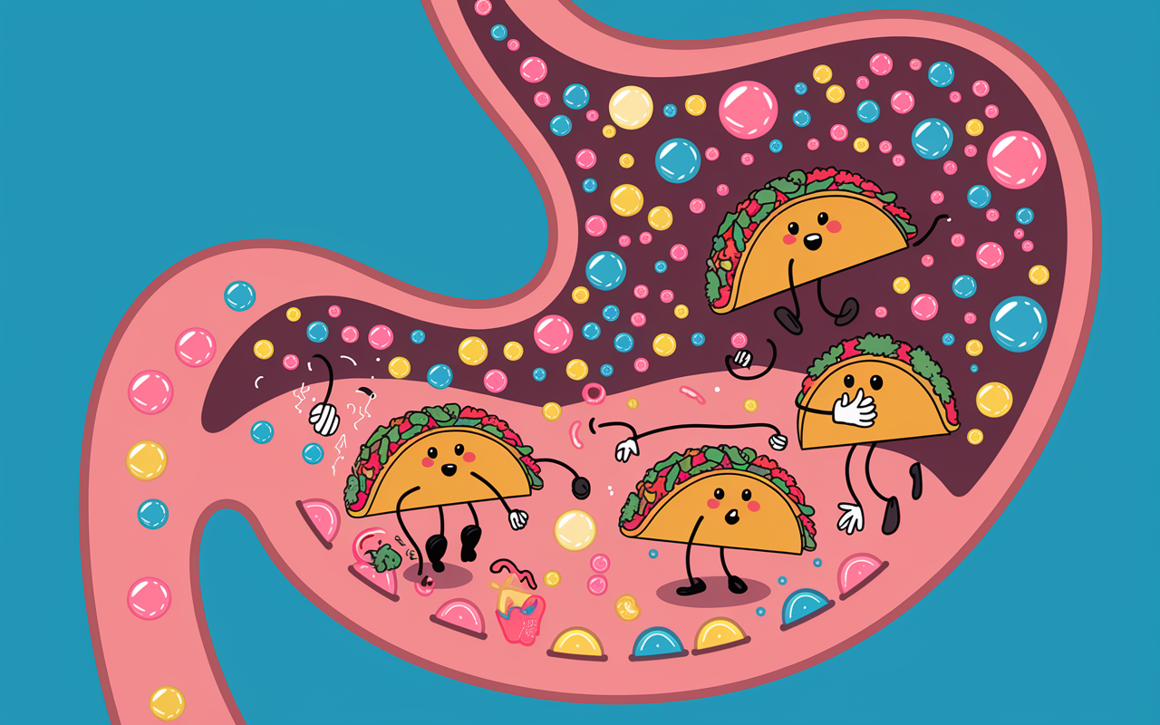 A lively scene inside a cartoonish stomach, showcasing a mini rave with taco and spicy food characters dancing around with exaggerated joy. Visual representations of acid as colorful bubbles adding liveliness to the atmosphere, all while a character clutches its heart with a comedic expression of heartburn. Bright, vibrant colors to capture the lively and chaotic vibe of an unruly stomach party.