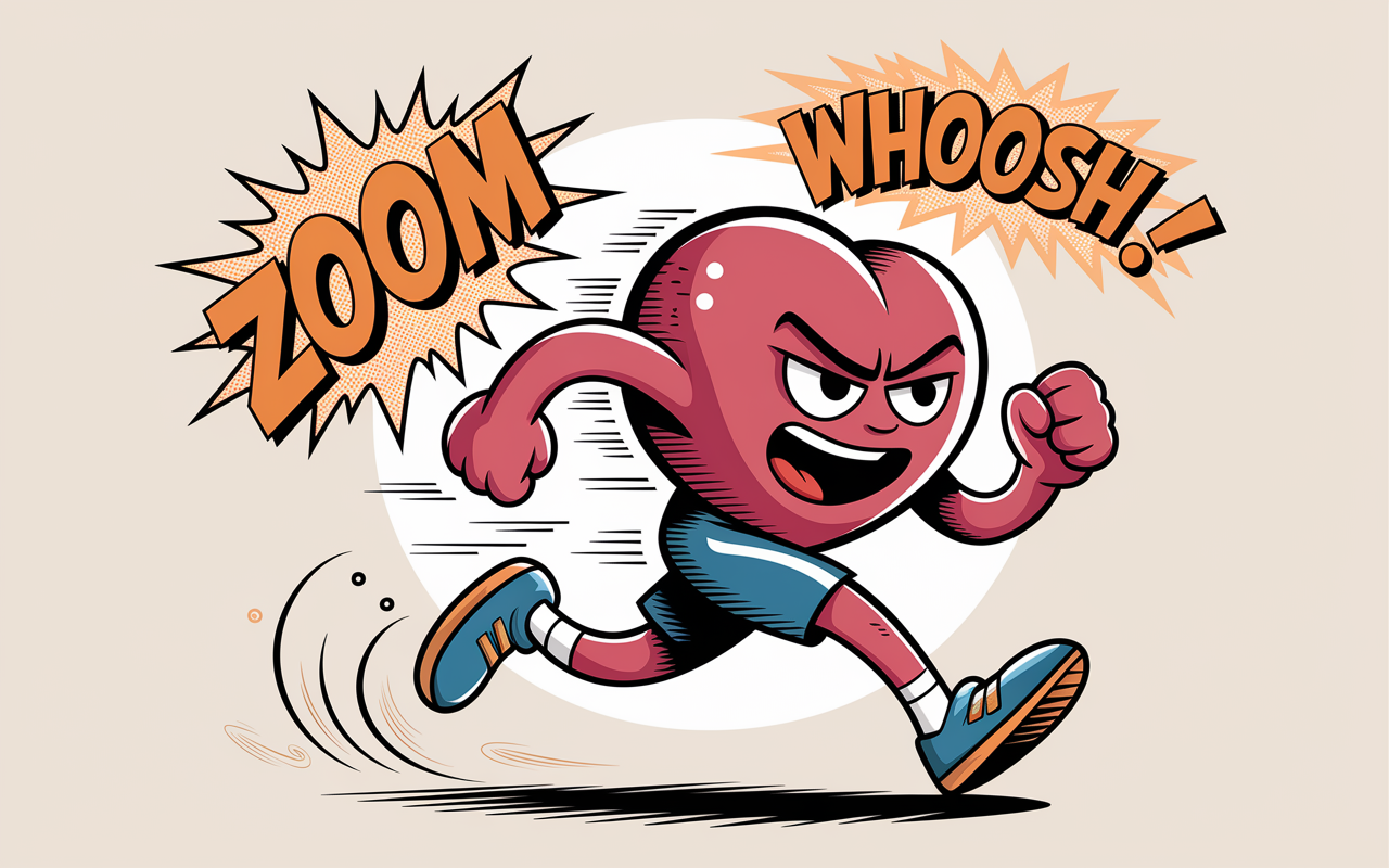 A whimsical portrayal of tachycardia as a cartoon character with comically exaggerated speed and a racing heart. The character looks energetic and uneasy, dressed humorously like a runner sprinting away. Surrounding it are playful comic-style sound effects like 'zoom' and 'whoosh,' with soft, dynamic lighting tailing the character to emphasize speed. Bright and colorful, creating a fun and energetic atmosphere.