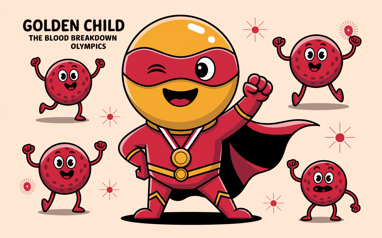 A comical representation of bilirubin as a superhero character in a vibrant costume, smiling and proudly showcasing its yellow hue. This superhero is depicted as the 'golden child' of the blood breakdown Olympics, striking a pose with medals around its neck and whimsical cheers from cartoon blood cells in the background. Bright, eye-catching colors, playful expressions add to the humorous atmosphere.