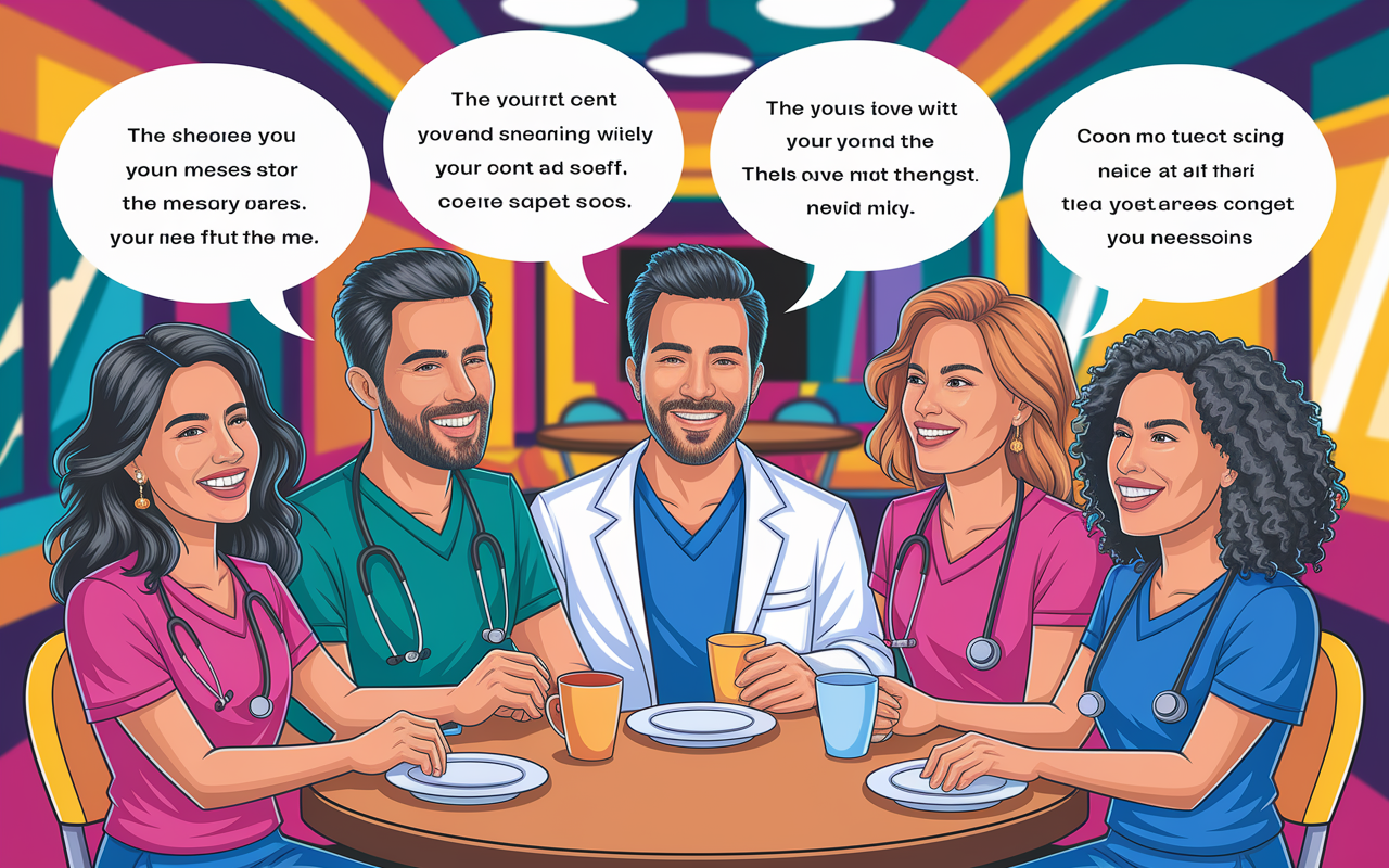 A vibrant group of friends, sitting around a table, laughing and sharing jokes about medical terms. Cartoon speech bubbles with funny excerpts show their witty interpretations of common clinical phrases. The setting is a lively café with colorful decor and happy expressions on their faces. Bright, engaging lighting enhances the cheerful mood.